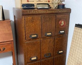 antique Ladies Home Journal Patterns cabinet, store manicure utensils display drawer, stereoscope with photo card slides