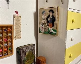 vintage sewing, thread organizer, wood souvenir boxes, antique photo album