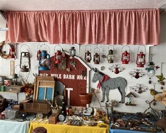 lanterns, toy trucks decor, tools, mules, wash boards 