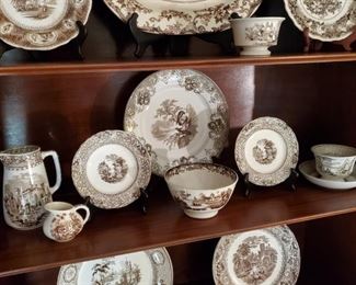 Collection of brown transfer ware, detail...