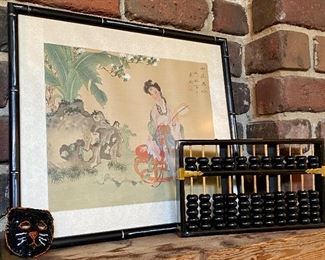 Japanese Watercolor on Silk with Black Bamboo Frame.  Shown with Abacus