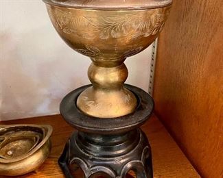 Vintage Brass Covered Fruit Bowl with Carved Wood Base.