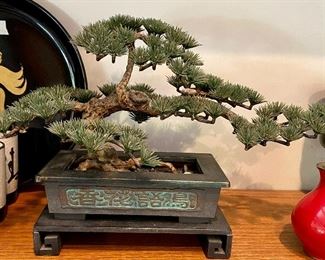 Faux Bonsai Tree and Brass Planter