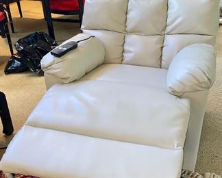 Like New White Vegan Leather Power Recliner and Lift Chair with Wired Remote Control.
