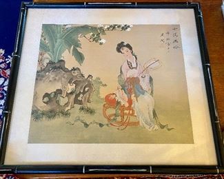 Japanese Watercolor on Silk with Black Bamboo Frame.  