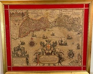 Vintage Framed Map of Southern France and Mediterranean in Gold Frame.  