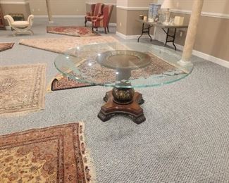 Entry Foyer table with glass top and wooden base 58" Round $450