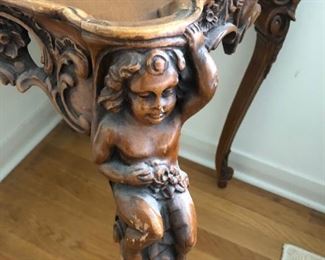 Antique French Carved Cherub Inlaid Floral Wood Side Table