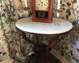 Victorian Marble Top Table, Antique Seth Thomas Mantle Clock