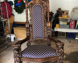 Throne Chair w/ Lion Head Arms & Paw Feet