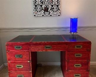 Sligh 9 Drawer red stained desk with leather top accents