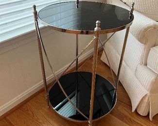 Decorative tinted glass top 2 shelved round side table