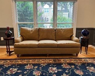 Baker light brown 3 seat upholstered sofa with 2 brown side tables
