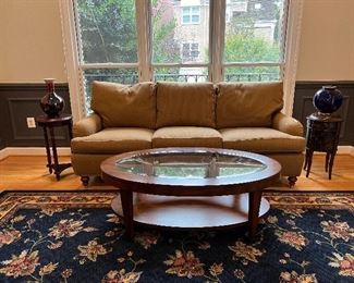 Baker light brown 3 seat upholstered sofa with 2 brown side tables & oval coffee table