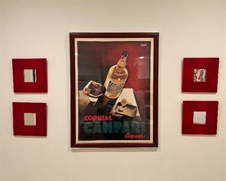 Cordial Campari Liquor framed print surrounded by 4 small red framed mirrors