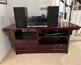 Asian inspired cherry wood 3 drawer entertainment console