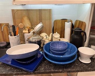 Kitchen bowls, cutting boards, teapots and utensils