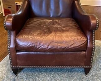 Pair of Henredon leather upholstered club chairs with nailhead trim. Each measures 32" W x 42" D. Photo 1 of 5. 