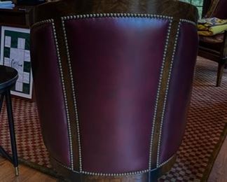 Pair of William Switzer oxblood leather upholstered tub chairs with nailhead trim. Each measures 27" W x 29" D x 41" H. Photo 3 of 3. 