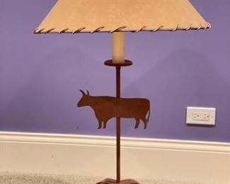 "Yellowstone" Cow Lamp with whip-stitch shade. 