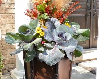 Bronzed Metal Planter - 2 available. Sold with Fall Arrangement. Measures 23" W at base 26" W 