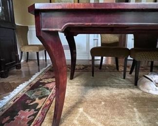 Vintage William Switzer Mahogany Dining Table. Measures 86" - 125" W x 47" D. Comes with two 20" leaves and pads.  Photo 3 of 4. 