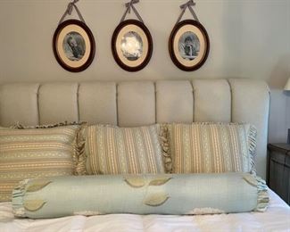 Upholstered sage-colored King headboard. Measures 57" H. 