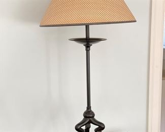 Table lamp with metal base and grasscloth shade. 