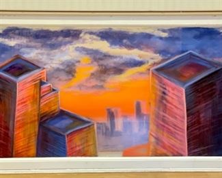 Chicago Skyline: Acrylic on Glass Windowpane. Measures approximately 4' W x 2' H x 6" D. Side Two. Photo 3 of 3. 