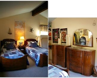 1940’s Handmade Bedroom Set Matching Twin Beds, Nightstand & Dressers with Mattresses, Bedding and Matching Valances