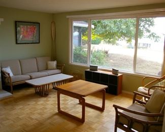 Rattan Wicker Bamboo 4 Piece Set and Mid-Century Modern Teak Danish Coffee Table Mobelfabrik, 1980’s Bang & Olufsen of Denmark Beovox S80 Speakers