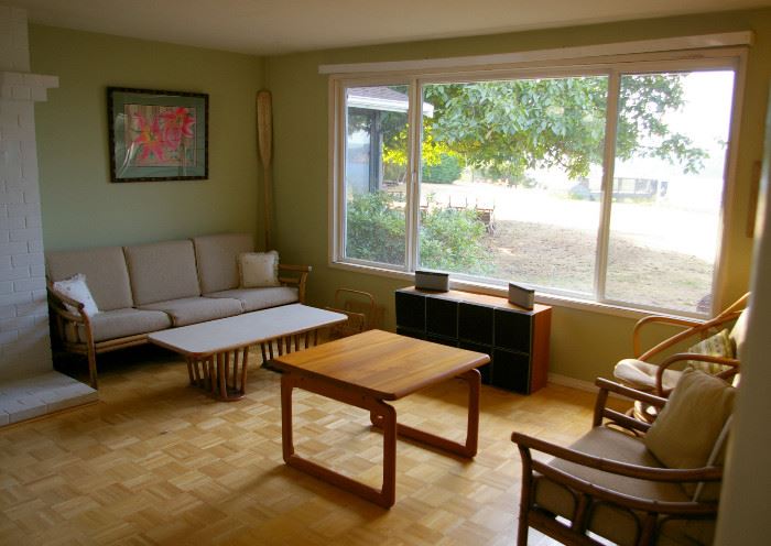 Rattan Wicker Bamboo 4 Piece Set and Mid-Century Modern Teak Danish Coffee Table Mobelfabrik, 1980’s Bang & Olufsen of Denmark  Beovox S80 Speakers