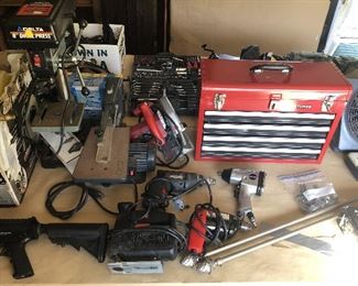 Power Tools, Craftsman Tool Box, 8" Delta Drill Press, Combat Machine Airsoft, Air Hose Reel, Skilsaw 7 1/4" Circular Saw, Benchtop Band Saw, Drills, Powermate Air Impact Wrench, Jig Saw