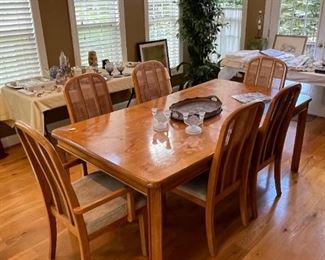 Oak Contemporary Rectangular Dining Room Table with two extension leaves and six chairs