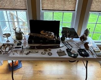 Saxaphone, vintage purses, flatware and a sterling compote