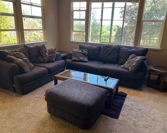 Purple Living Room set - Sofa, Love Seat, Ottoman & Glass Table