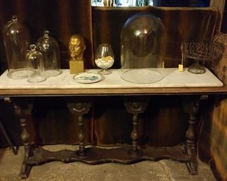 Marble top hall table, bell jars, French wire fruit stand