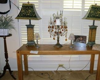 1960s entry table SOLD, floral theme lamps. Prism lamp, plant pedestal 