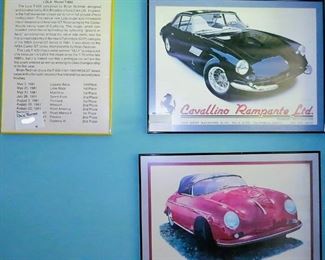Framed posters: Porsche, Ferrari and Race stats