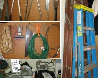 Garage: Hand and corded power tools, ladders, extension cords, home care items.