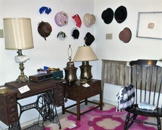 Singer Sewing Machine in cabinet, Notre Dame Rocker, Rustic headboard.  Vintage woman's hats