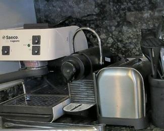 kitchen appliances: Espresso maker, toaster, utensils