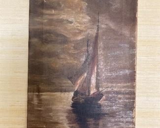 PRIMITIVE BOAT PAINTING ON CANVAS