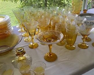 COLLECTION OF MCM AMBER OLD DEARBORN ETCHED CRYSTAL