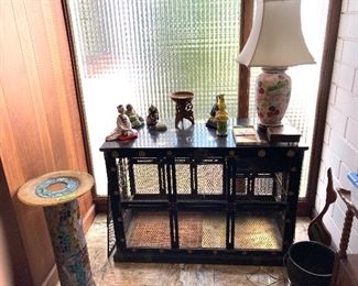 UNUSUAL EBONY WIRE ASIAN CAGE. MOSAIC TILE AND BRASS PEDESTAL. ASIAN FIGURINES