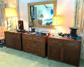 THREE HENDREDON CHESTS WITH BRASS ACCENT CORNERS AND DRAWER PULLS. GILT MCM GREEK KEY FRAMED MIRROR