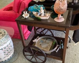 1930'S TEA CART WITH GLASS AND LUCITE HANDLE TRAY, FENTON AND MISCELLANEOUS COLLECTIBLES