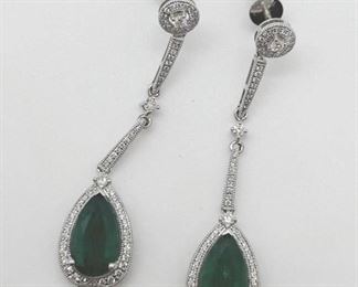 3z - Platinum Emerald & Diamond Earrings Each earring is Approx 2" long Together the genuine Emerald Center Stones weigh approx 5.67 carats and 134 genuine round diamonds weigh approx .71 carats. Total weight is 11.7 grams.