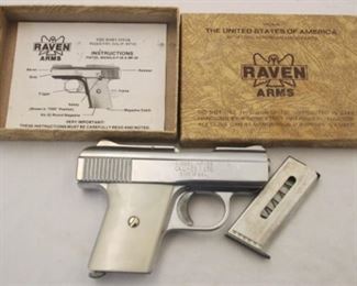 6g - Raven Arms MP-25 .25 Auto w/ Box & papers TERMS OF SALE ON FIREARMS - all guns will be sold according to Virginia law. Any firearm purchased at auction must be picked up at Riverside Pawn - no exceptions. A background check will be required with valid ID. Riverside Pawn will charge a fee per gun of $25 for transfer. Firearms will be available for pick up Monday October 10th after 12 noon. Riverside Pawn is located at 2384 Riverside Drive, Danville, VA.
