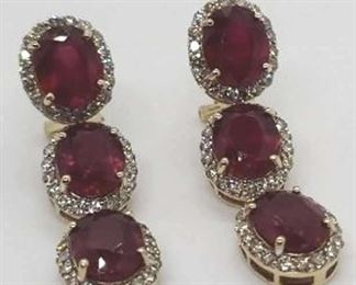 6z - 14k Gold Ruby & Diamond Earrings Oscar Friedman designer earrings with posted french clip backs. Mounted with: 6 faceted ruby center stones weighing approx 24.12 carats & 108 faceted round diamonds weighing approx 2.85 carats. Approx. 1.5"